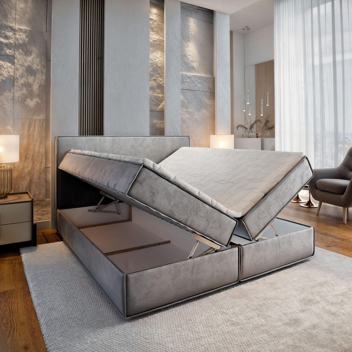 BOXBETT PELLIO 180x200 cm mit Matratze und Topper - Creme - Creme, Holz (180/200cm) - MASSENO