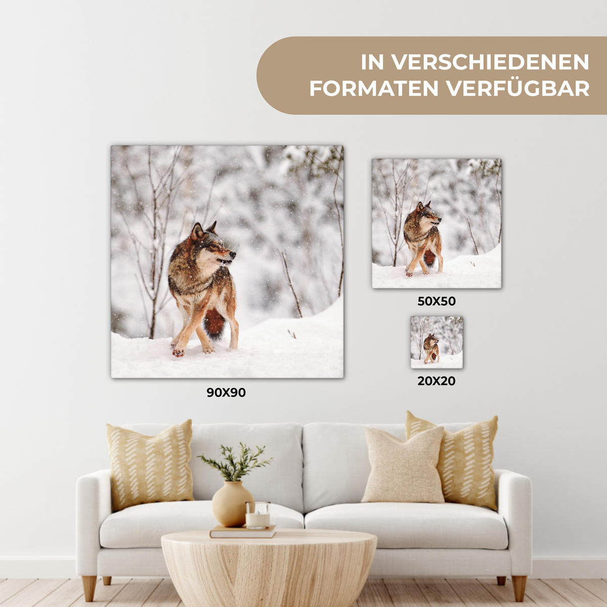 LEINWANDBILD Wolf - Winter - Schnee - Natur - Tiere 50x50 cm - Haselnussfarben, Textil (50/50cm) - MuchoWow