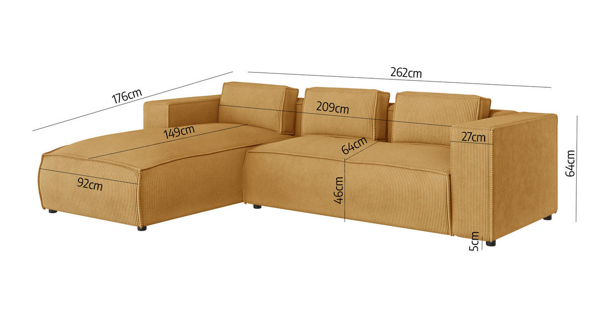 ECKSOFA Nova Honig Cord - Schwarz/Honig, Holz/Kunststoff (262/176cm) - S-Style Möbel