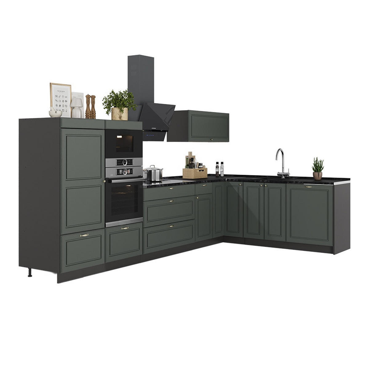 KUHINJA U OBLIKU SLOVA L Fame-Line, Seoski stil zelene i zlatne boje/Antracit, 347 x 207 cm, RP Hrast - zelena/antracit, drvni materijal (347/153.6/60cm) - Vicco