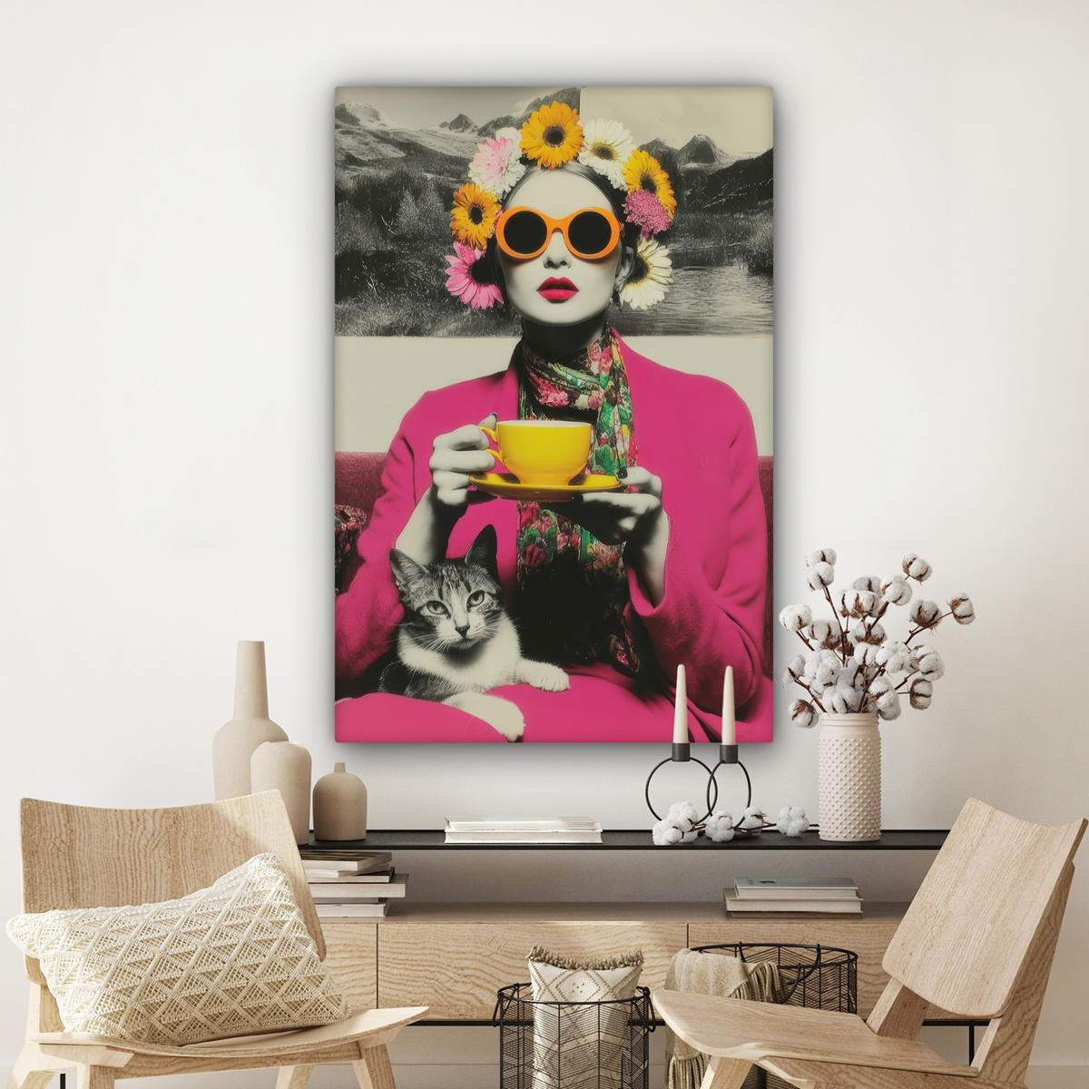 LEINWANDBILD Frau - Katze - Blumen - Tasse - Retro Deko Groß 90x140 cm - Magenta, Textil (90/140cm) - MuchoWow