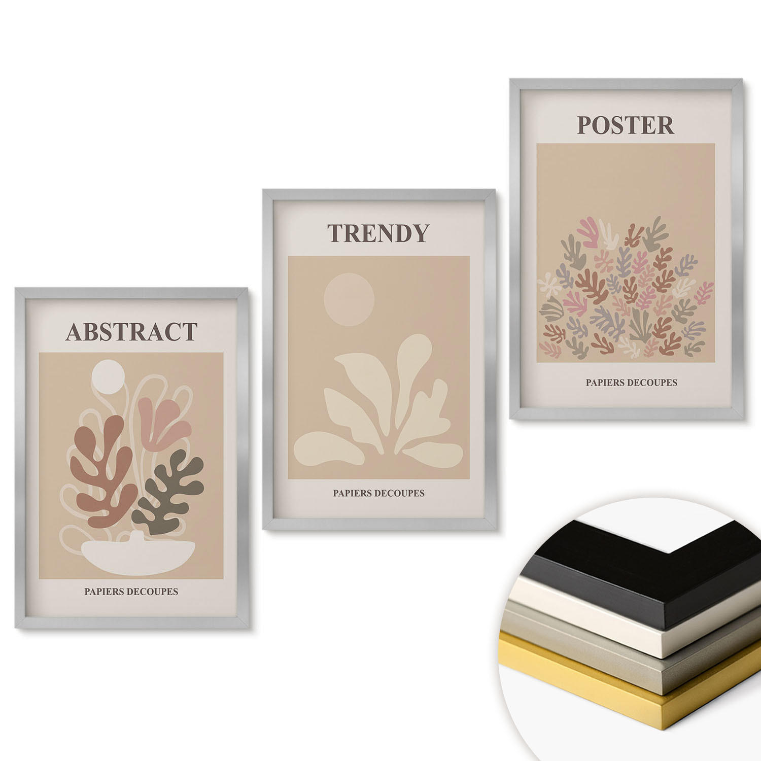 WANDBILDER 3er Set - 40x60 cm Silberner Rahmen - Pflanzenmotive beige braun - Silberfarben, Kunststoff (40/60cm) - ArtPrintCave