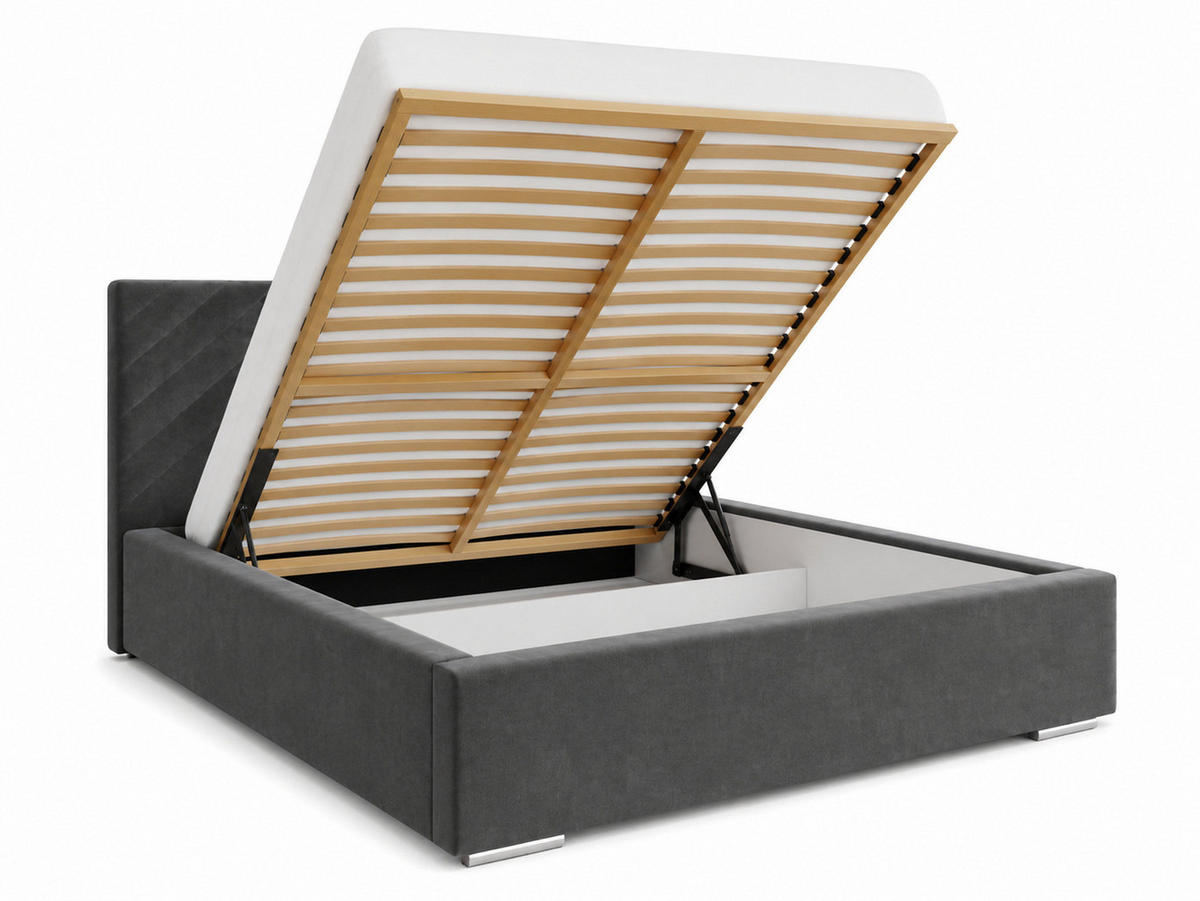 MARPUR Polsterbett AURA 140x200 cm mit Bettkasten und Lattenrost, Veloursstoff Dunkelgrau - Chromfarben/Dunkelgrau, Holz/Holzwerkstoff (140/200cm) - Marpur