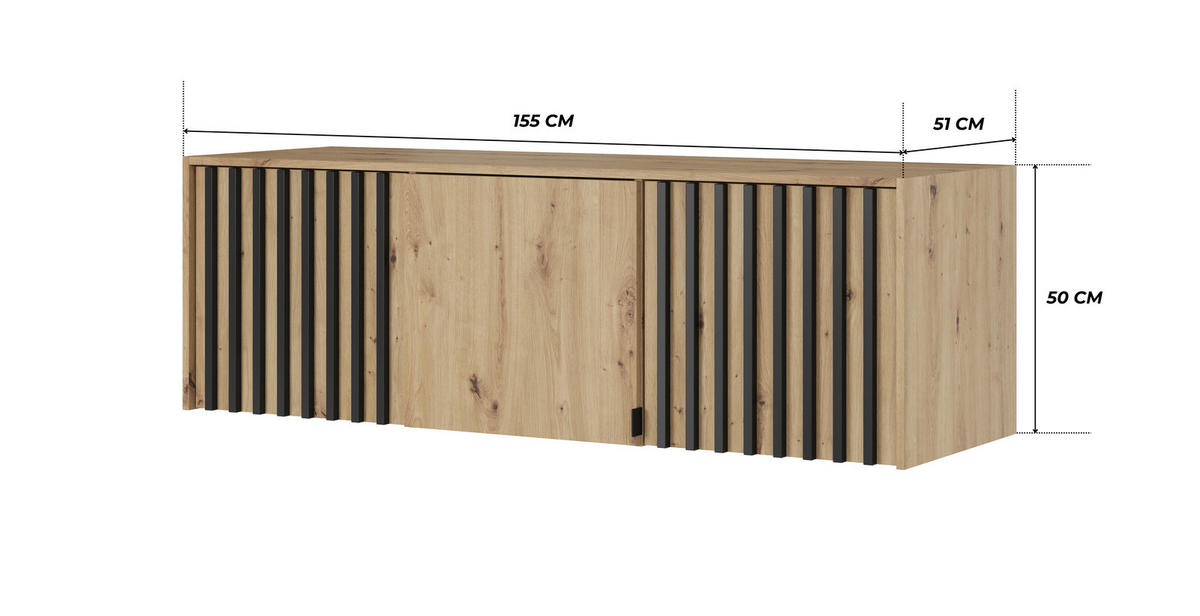 SCHRANKAUFSATZ STILO 3D 155 cm (Artisan Eiche, Schwarze Lamellen, 3 Türen, Metallgriffe) - Schwarz/Eiche Artisan, Holz/Holzwerkstoff (155/50/51cm) - Ravio