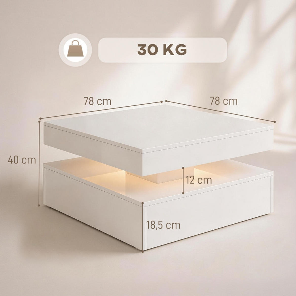 COUCHTISCH DE-37205 2-stufig mit LED und offener Ablage Weiß - Weiß, Holzwerkstoff (78/78/40cm) - ComfortXL