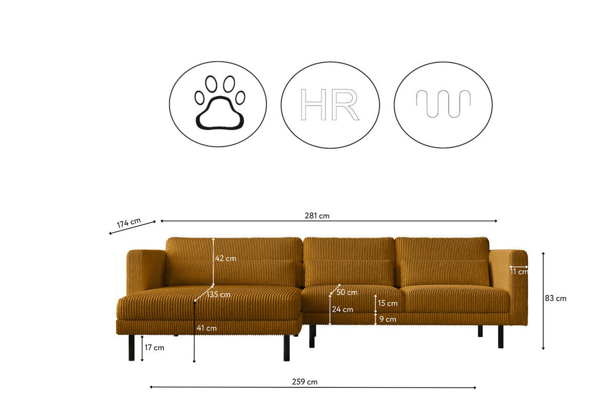 ECKSOFA L-form Dani Stoff Poso Senffarbe Links - Gelb, Holz (281/174cm) - Kaiser Möbel