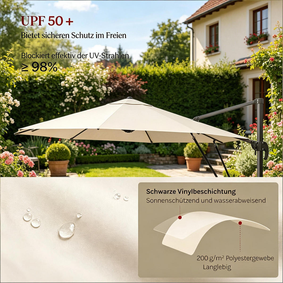 SONNENSCHIRM Metall Polyester 306x167x207 cm Beige Mit Kreuzfuß - Beige, Textil (167/306cm) - Raelunyi