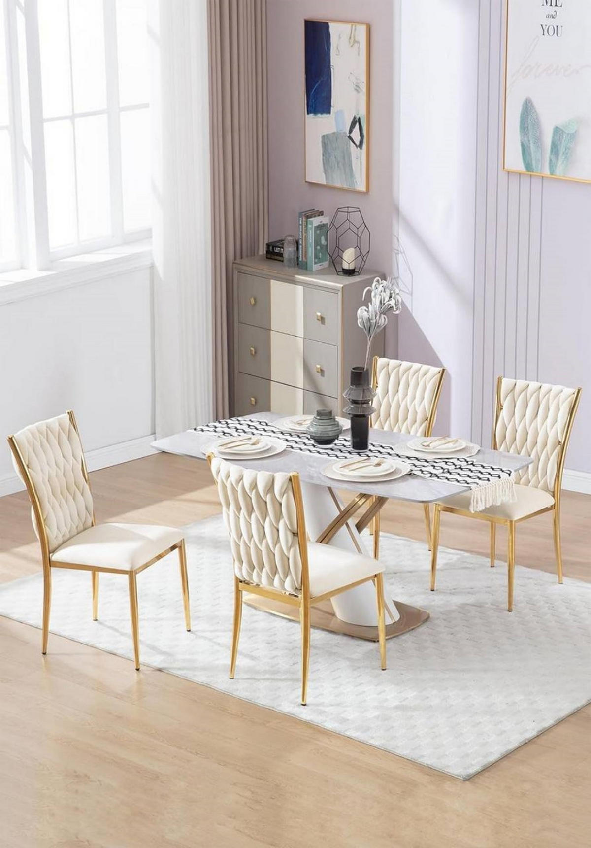 ESSZIMMERSTUHL 6er Set hohe Rückenlehne, Samt, Creme - Creme, Kunststoff/Textil (46/94.5/48cm) - Woltu