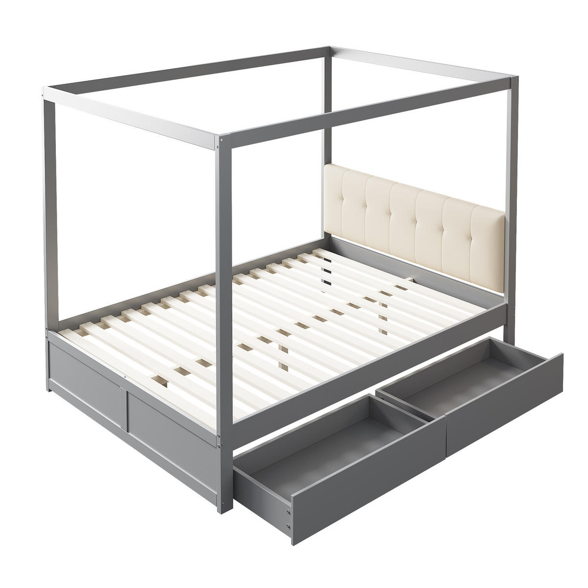 HIMMELBETT 140/200 cm grau mit großen Schubladen und gepolsterter Rückenlehne - Grau, Holz (140/200cm) - OKWISH