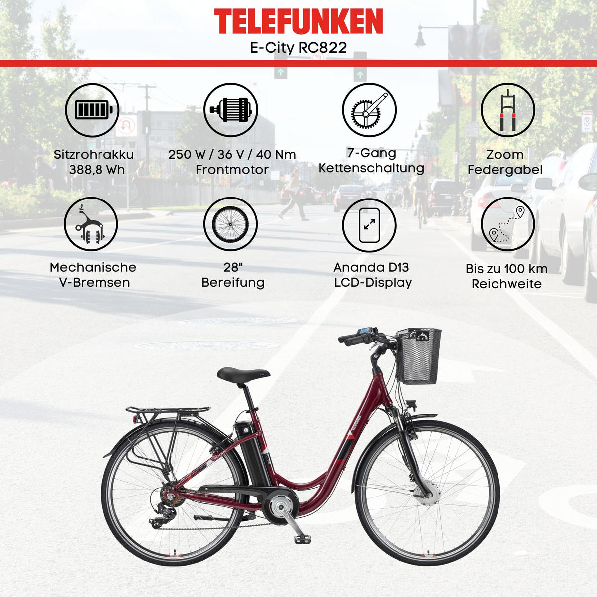 E-BIKE Cityrad Multitalent RC822 Für Damen u. Herren 374,4 Wh Frontmotor 7-Gang-Kettenschaltung 28 Zoll - Weinrot, Metall (114.5cm) - Telefunken