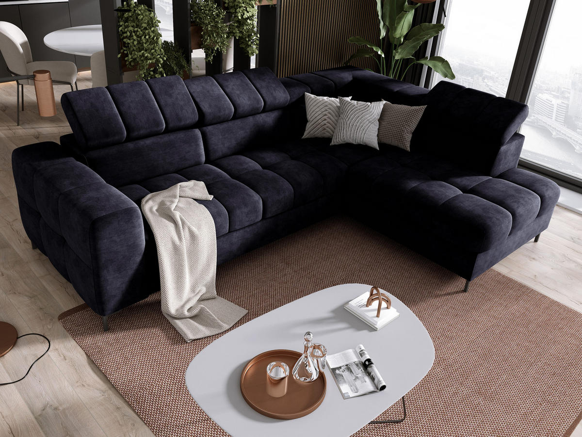 ECKSOFA PABLOS Cloud, L-förmig, Moderne, mit verstellbarem Kopfteil, Schlaf- & Lagermöglichkeiten, freistehend, RECHTS 279x201x97 cm Blue - Dunkelblau, Holz/Textil (279/201cm) - DomoHome