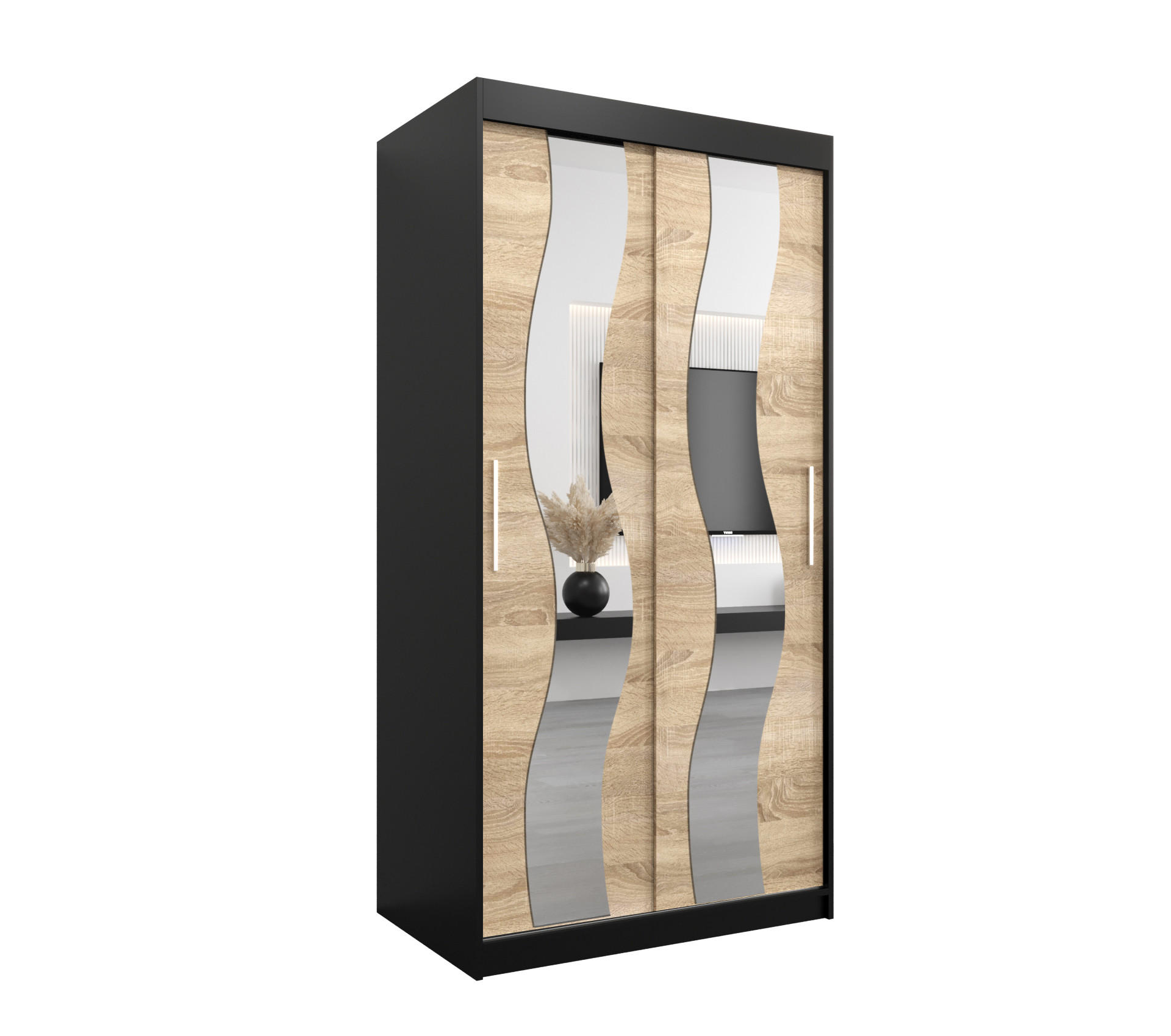 Abiks Möbel Schwebetürenschrank Schwarz, Sonoma Eiche 100x200x62 cm