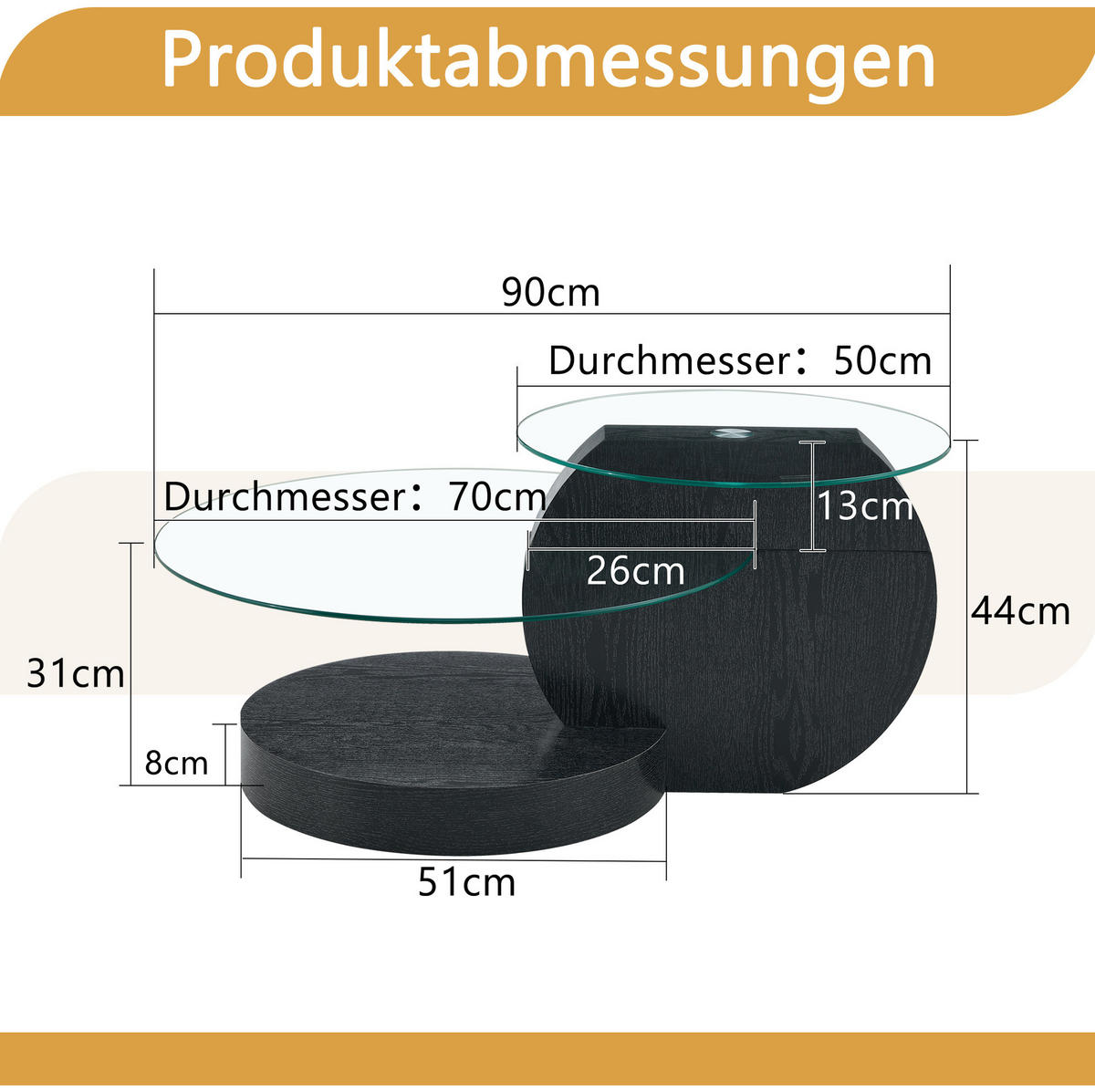 COUCHTISCH 50/70 cm schwarz transparent aus MDF und Sicherheitsglas mit Mehrstufen-Ablage - Transparent, Holzwerkstoff (90/70/44cm) - OKMYHOME