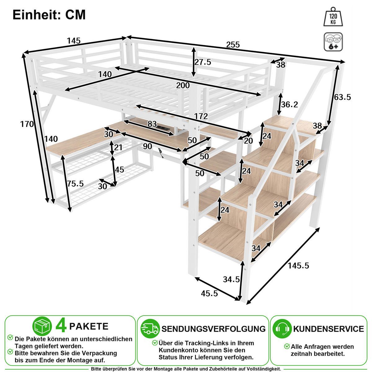 VYVÝŠENÁ POSTEL 140/200 cm v bílé barvě s LED osvětlením, USB a psacím stolem - bílá, kov/kompozitní dřevo (140/200cm) - CHICFURN