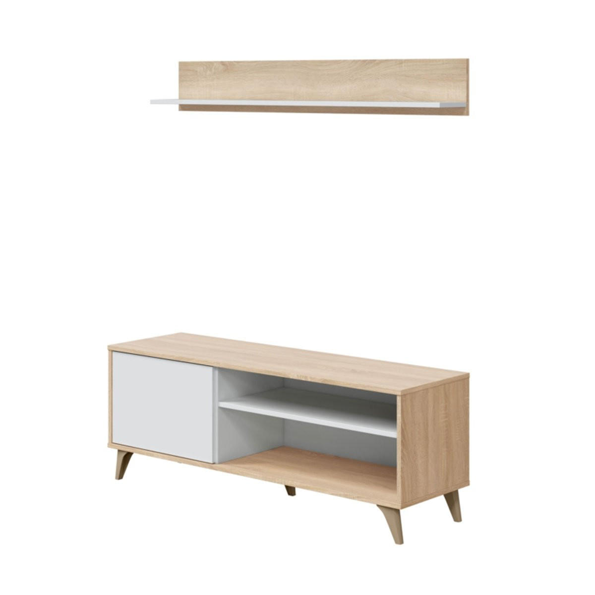 TV-MÖBEL mit 2 Nischen und 1 Tür mit seinem Wandregal Kikua Plus - L135 cm - Weiß, Holzwerkstoff (40/50/135cm) - Calicosy