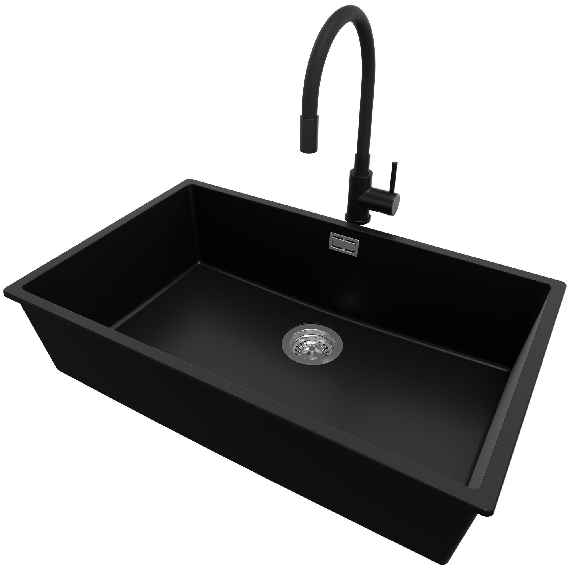 UNTERBAUSPÜLE GRANIT London, 2-er set Schwarz 76/47 cm 1 Becken + Küchenarmatur 40/38 cm + Ablauf-Set ab 80er Unterschrank - Chromfarben/Schwarz, Kunststoff (76/20/47cm) - Primagran