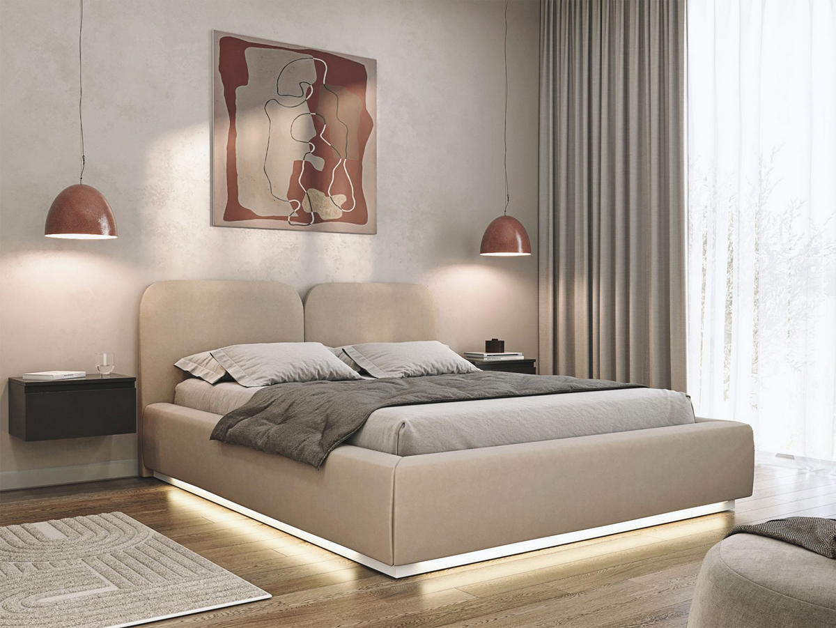 POLSTERBETT Comoves 160x200 Hellbeige mit Veloursbezug und LED - Ecru, Textil (160/200cm) - Selsey