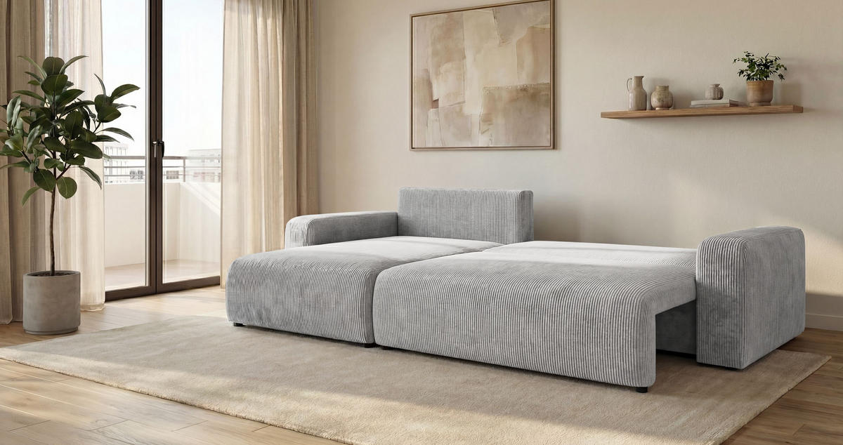 ROHOVÁ pohovka BERLIN levá šedá manšestr Poso 55 - funkce spaní, úložný prostor - šedá, textil (285/185cm) - Cornero