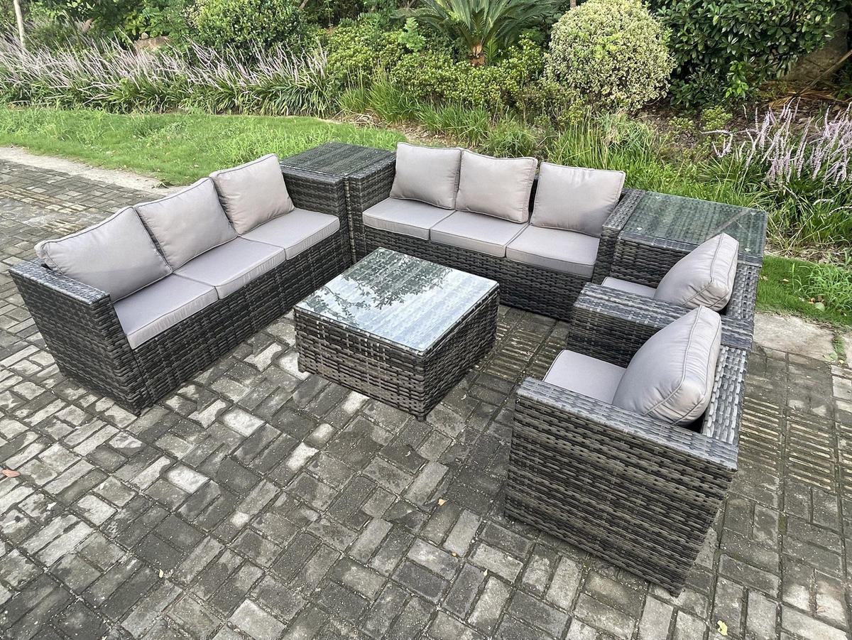 GARTENTISCHGRUPPE Polyrattan 8-Sitzer - Dunkelgrau, Metall - Fimous