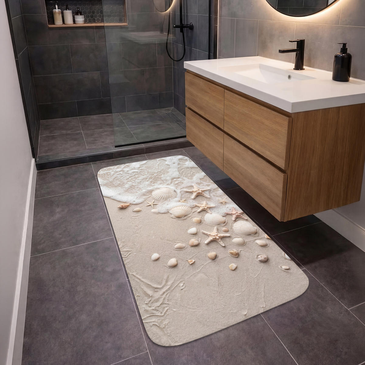 KÚPEĽŇOVÁ PREDLOŽKA Mušle - Hviezdice - Pláž 60x120 cm - piesková/krémová, textil/plast (60/120cm) - OnlyWow