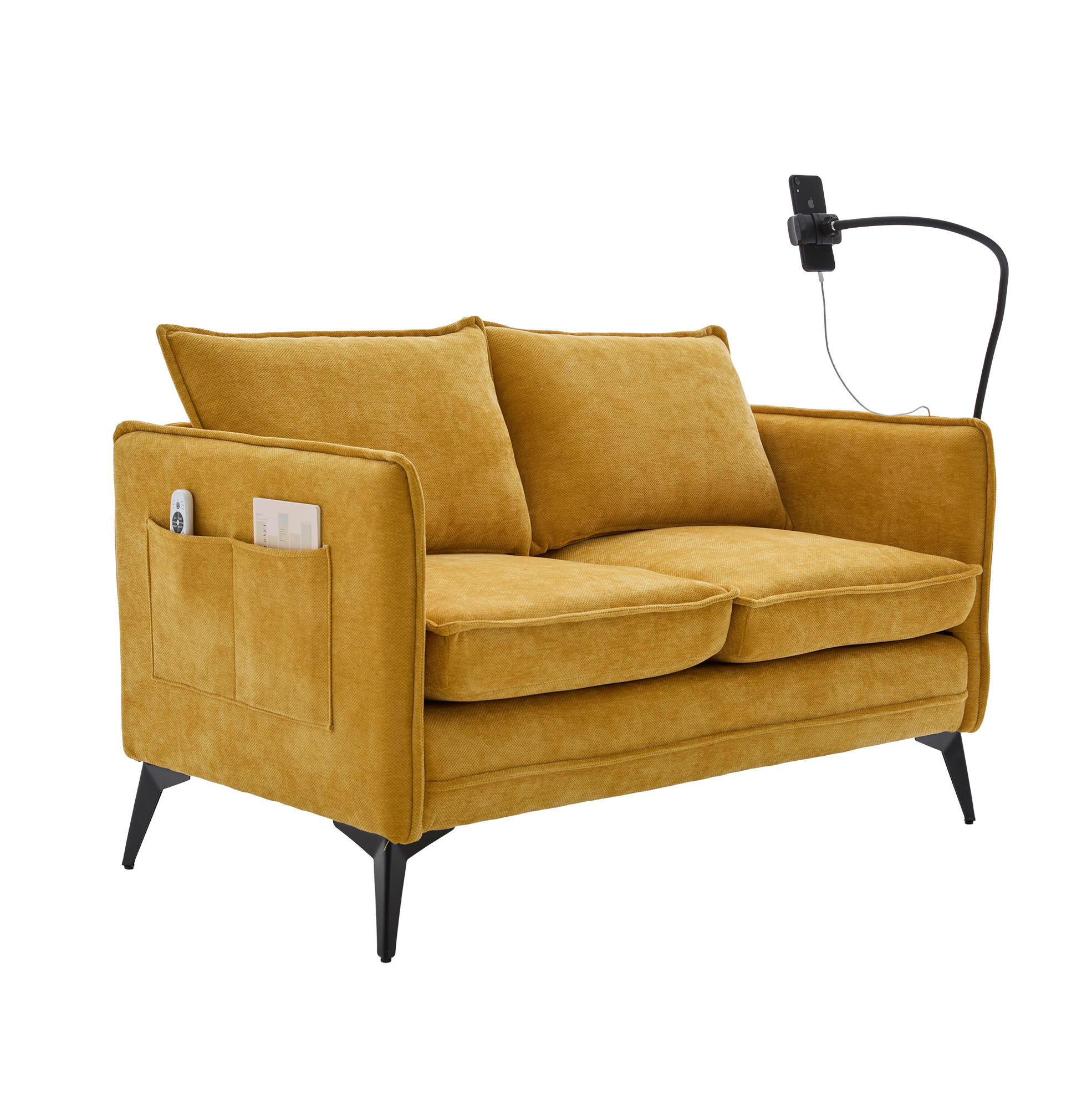 2-SITZER Sofa Chenille mit Handyhalterung und Ablagefächern 127/69/66 cm Gelb - Gelb, Textil (66/127/69cm) - Redom