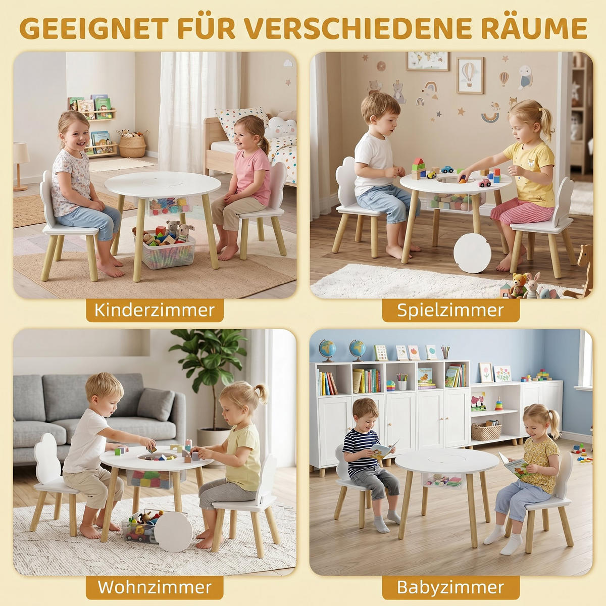 KINDERTISCH-UND-STUHLSET MDF Kiefernholz Weiß - Weiß/Kieferfarben, Holz (60/44/60cm) - AIYAPLAY