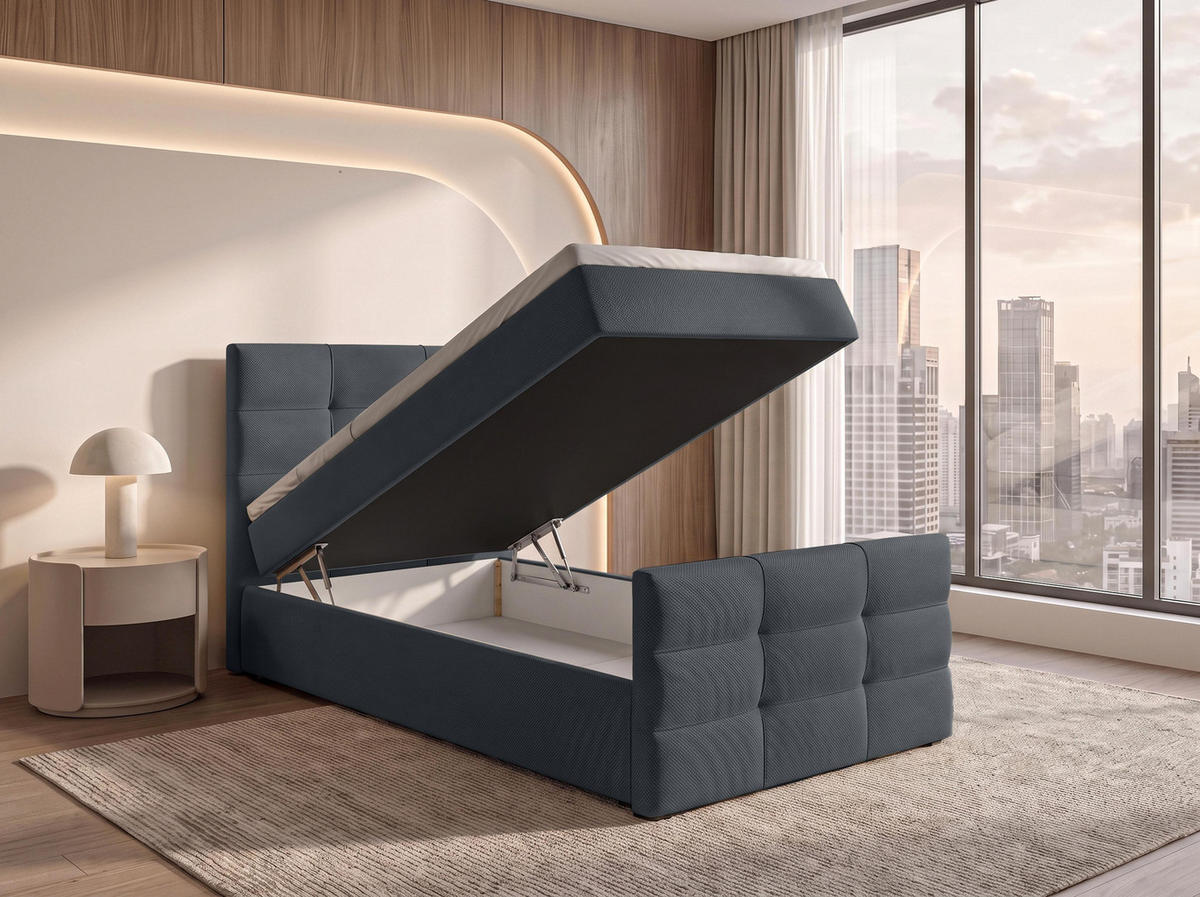 BOXBETT DEFNE 100x200 cm mit Fußteil und Matratze - Dunkelgrau + TOPPER - Dunkelgrau/Schwarz, Holz/Holzwerkstoff (100/200cm) - AX Living