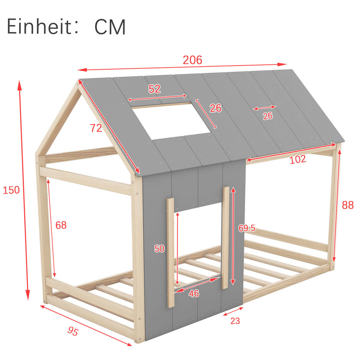 KINDERBETT aus Kiefernholz und MDF 90x200 cm Natur/Grau in Hausform mit Dach und Fenster - Grau, Holzwerkstoff (90/200cm) - IVMEU