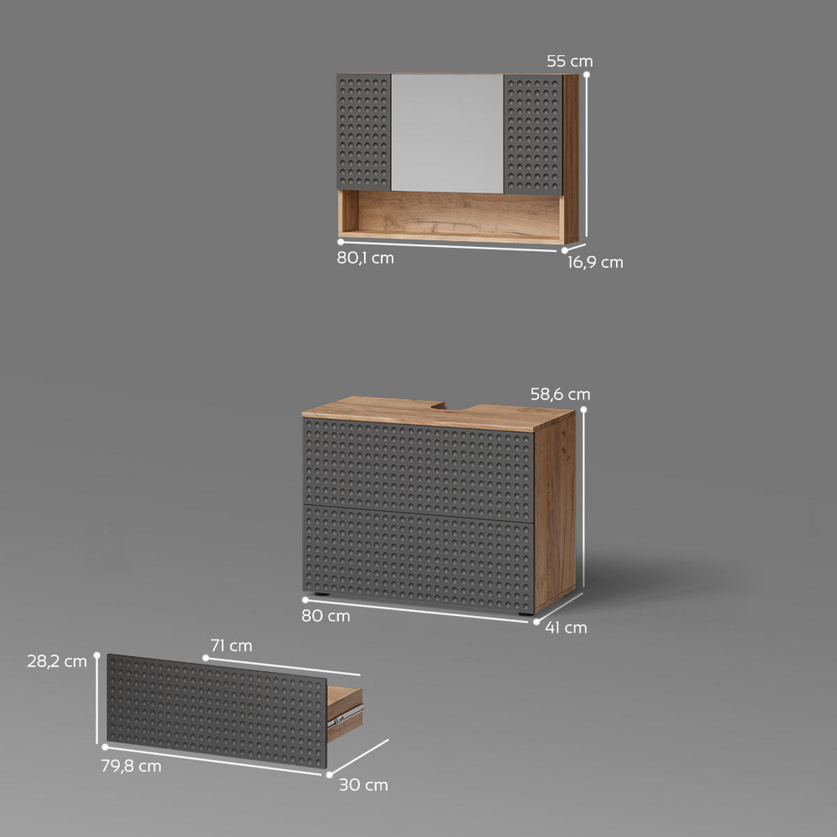 BADMÖBEL-SET Ronco Anthrazit gepunktet 2 Teile, Unterschrank 80 cm - Honigeiche/Anthrazit, Holzwerkstoff (80/58/41cm) - Livinity®