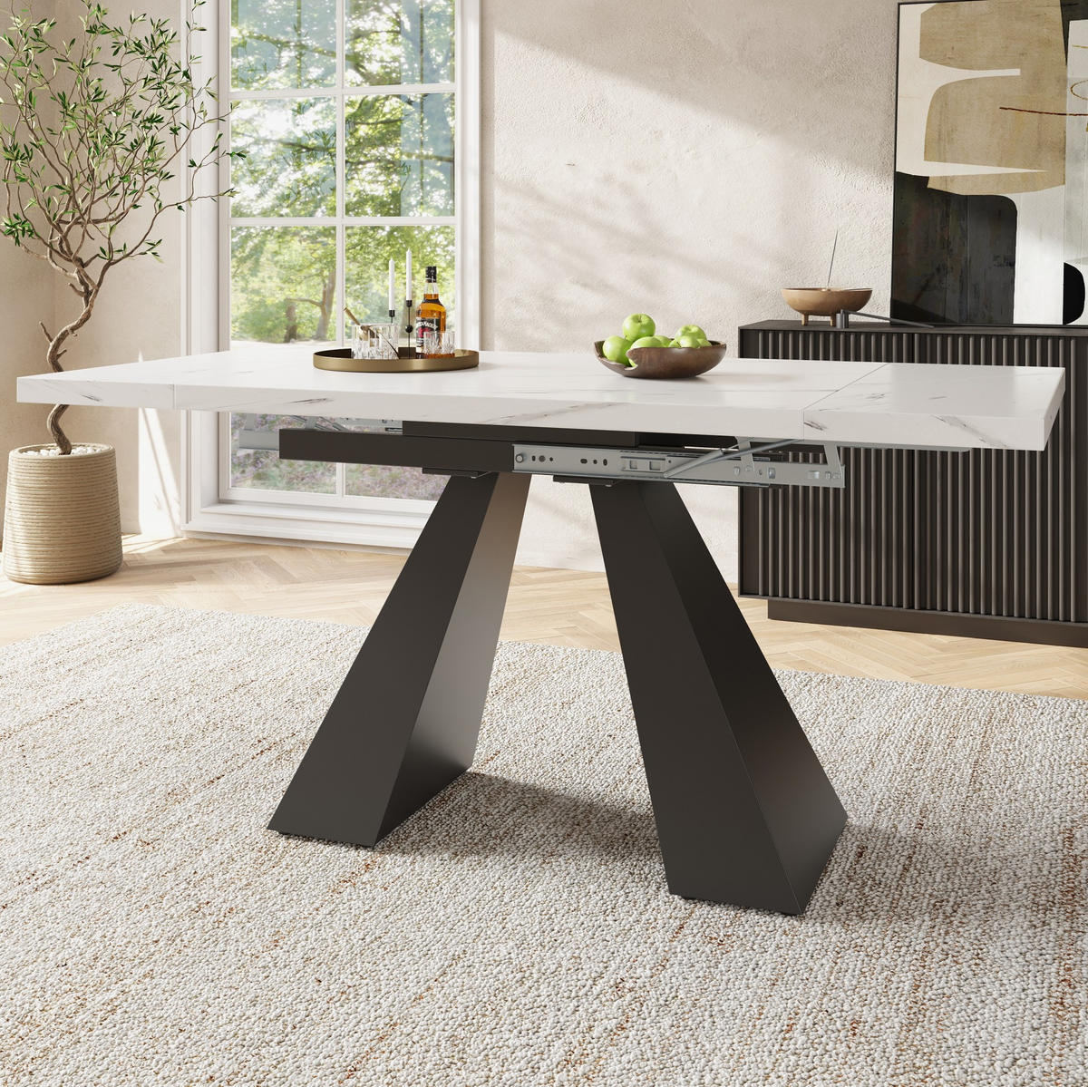 AUSZIEHBARER Esstisch, MDF in Marmoroptik mit Metallgestell, 99-159/74/77 cm, Weiß - Weiß, Holzwerkstoff (159/74/77cm) - Redom