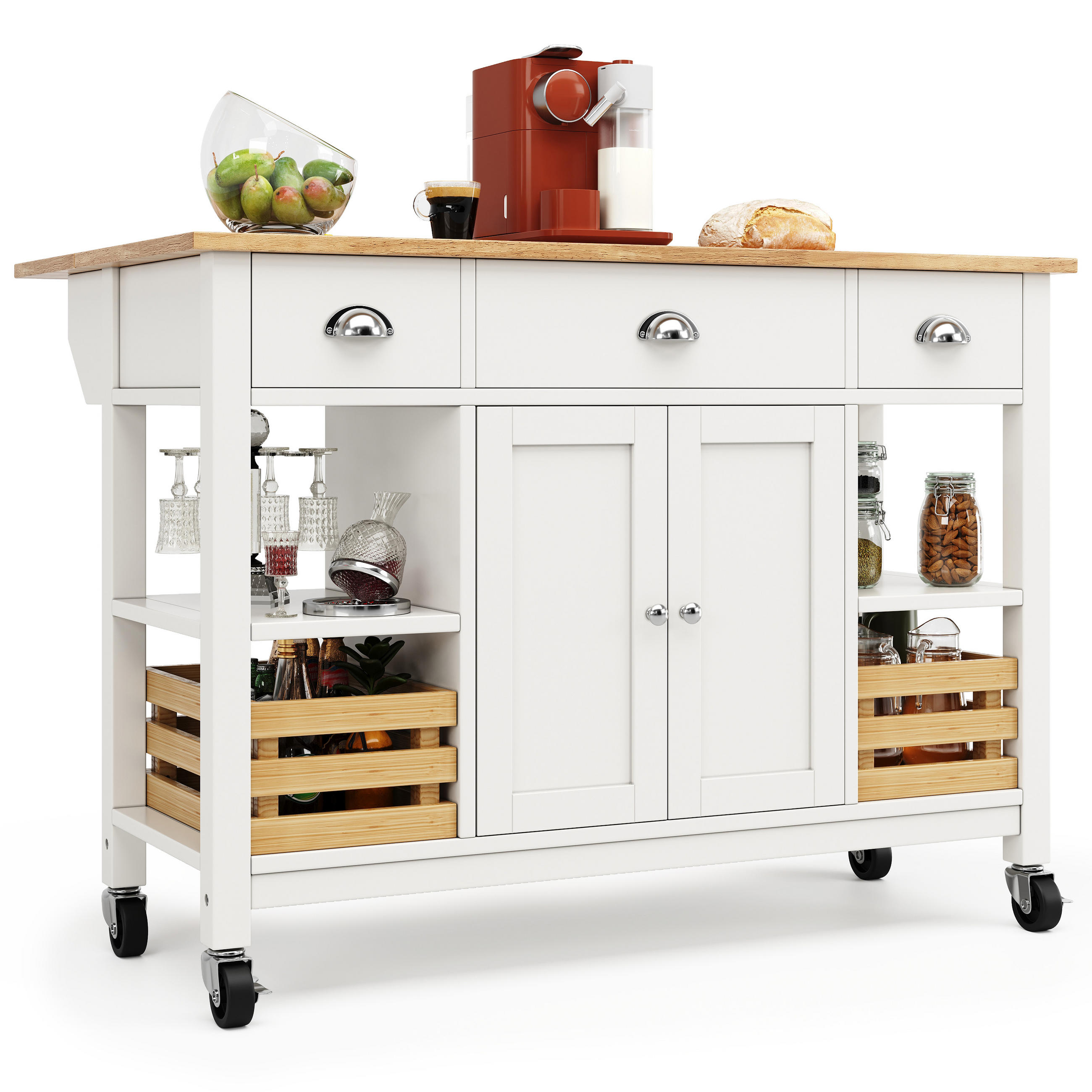 KÜCHENINSEL in Weiß und Naturfarben Servierwagen mit Kiefernkorb und Schubladen für Esszimmer, B120/T45/H90 cm - Naturfarben/Weiß, Holzwerkstoff/Metall (120/90/45cm) - STILVORA