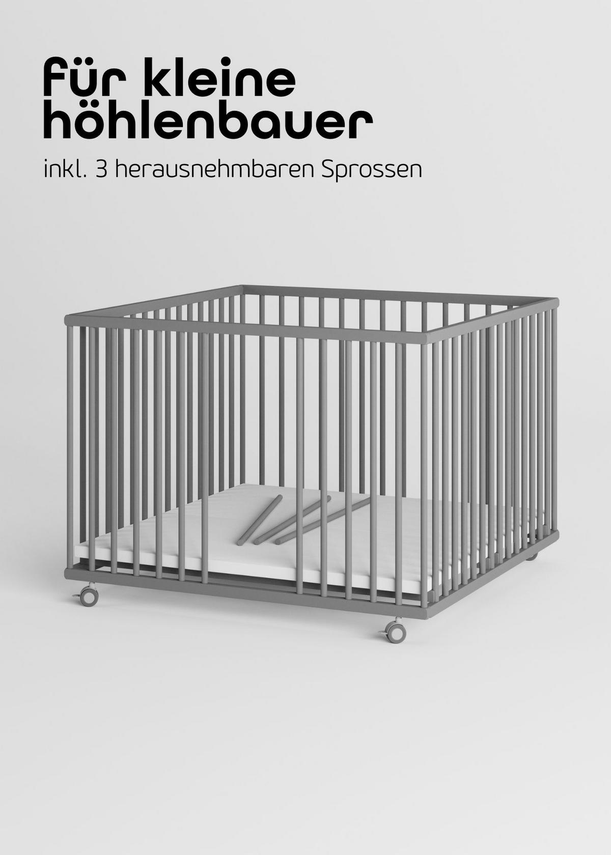 LAUFGITTER 100x100 cm mit Lattenrost, Matratze & Schlupfsprossen - grau - Premium Kollektion - Grau, Holz (100/74/100cm) - Sämann – make a difference.