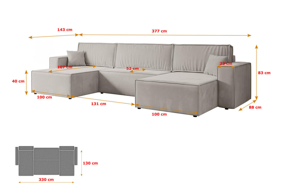 WOHNLANDSCHAFT mit Schlaffunktion und Bettkasten CELTIC-XLU - 377x143x83 cm Hellbraun Velours - Hellbraun/Schwarz, Holzwerkstoff/Kunststoff (377/83/143cm) - ALTDECOR
