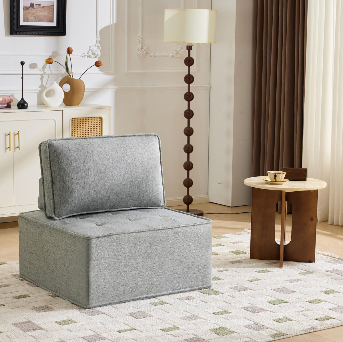SOFA in Hellgrau aus Leinenstoff, flexibel kombinierbar - Hellgrau, Holzwerkstoff (81/81/81cm) - Flora Grace
