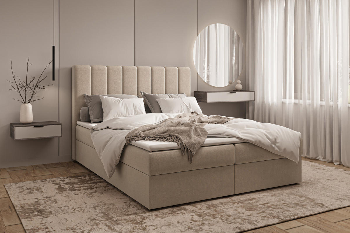 BOXBETT 01 140 x 200 cm - Manila – Stilvoll und bequem Mit Bettkasten, PU-Topper, Federmechanismus, waschbarer Bezug - Beige, Holz (140/200cm) - ROYAL24_MARKT