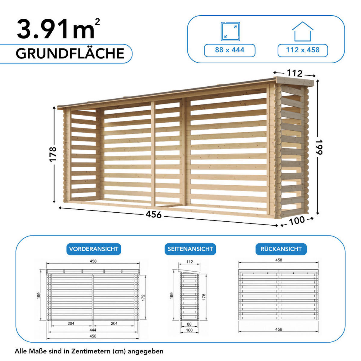 KAMINHOLZREGAL aus Holz 3,91 m², langes Brennholzregal mit Pultdach, ca. 6,95 m³ Brennholzkapazität, 458 x 112 x 199 cm (B x T x H) - Naturfarben, Holz (458/199/112cm) - Timbela