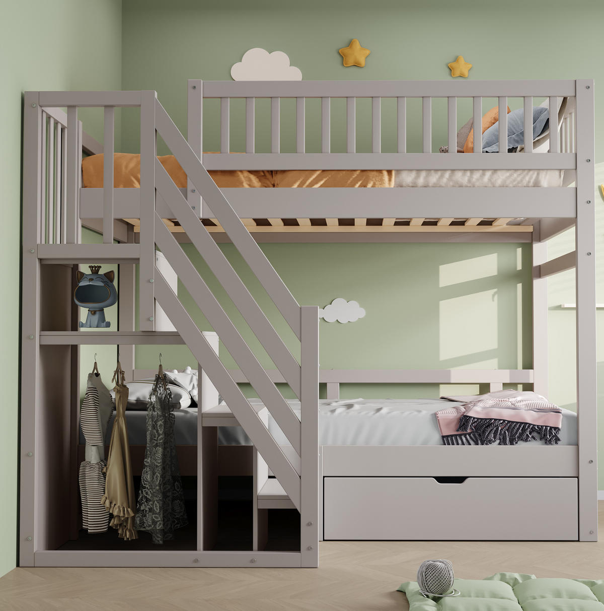 ETAGENBETT Massivholz 90/200 cm Grau mit Lattenrost und Stauraum ohne Matratze - Grau, Holz (90/200cm) - MIVRAY