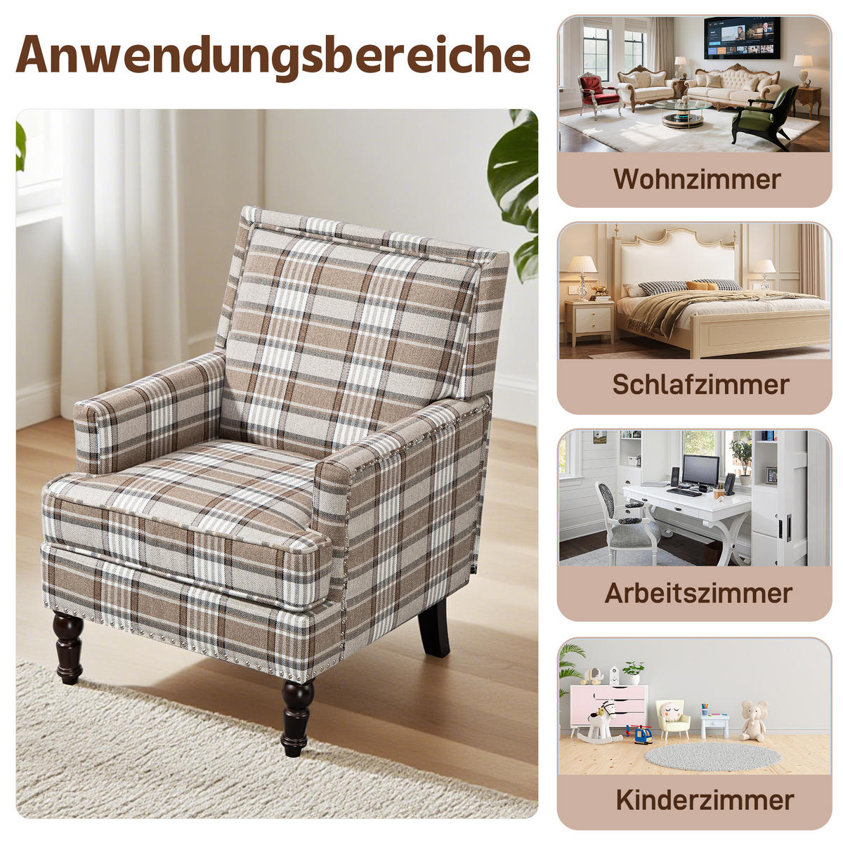 SESSEL Leinen Braun & Weiß - Braun/Weiß, Holzwerkstoff/Textil (69/89/69cm) - WISHDOR