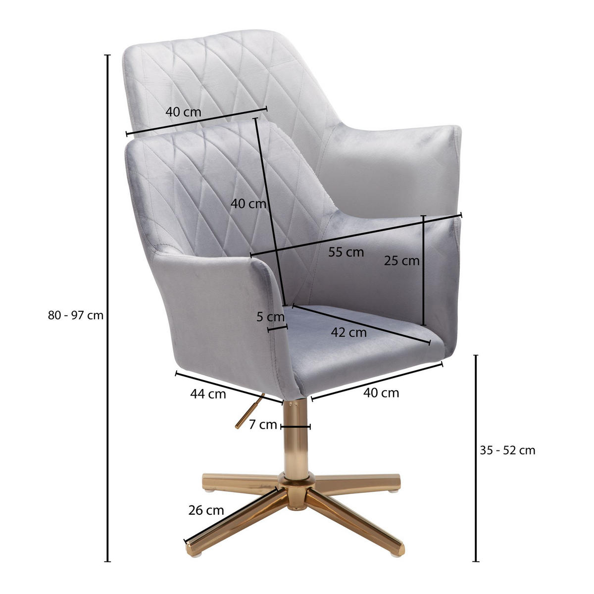 DREHSTUHL Samt mit Armlehnen Eisengestell 360° Funktion, Grau 97x55x55 cm - Goldfarben/Grau, Textil/Metall (97/55/55cm) - KADIMA DESIGN