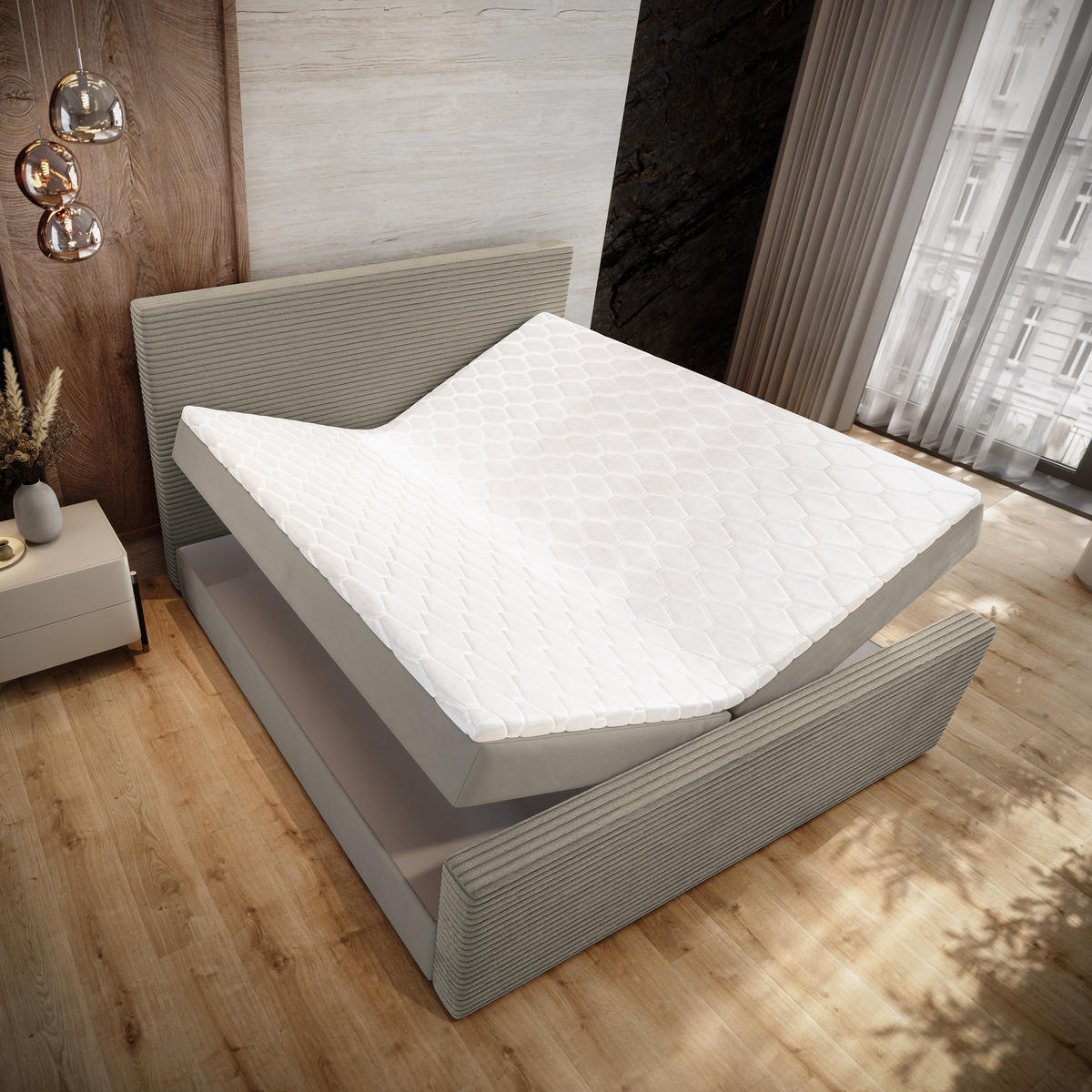 BOXBETT ALORIA 180x200 cm mit Matratze und Topper - Beige - Beige, Holz (180/200cm) - MASSENO