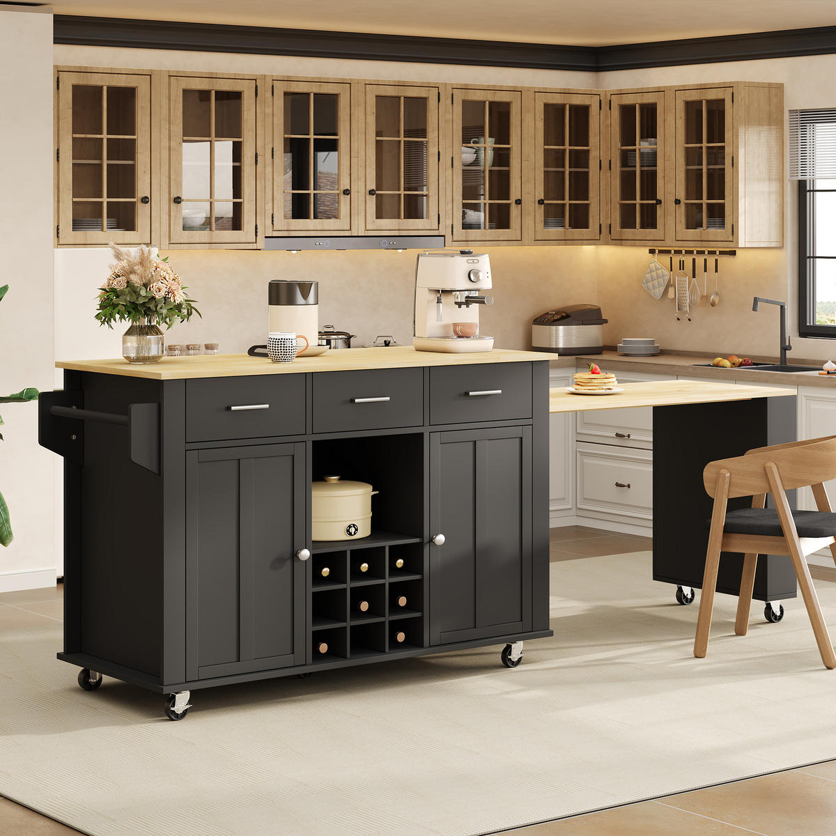 KÜCHENINSEL 93 cm MDF Schwarz Natur mit Ausziehbarer Arbeitsplatte und Weinregal - Schwarz, Holzwerkstoff (50/93/136cm) - Korfee