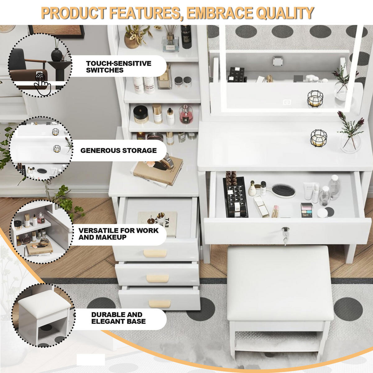 SCHMINKTISCH-SET 85 cm in Weiß mit LED-Spiegel, Hocker & verspiegelten Schiebetüren - Weiß, Holzwerkstoff (85/130/36cm) - Urban Meuble