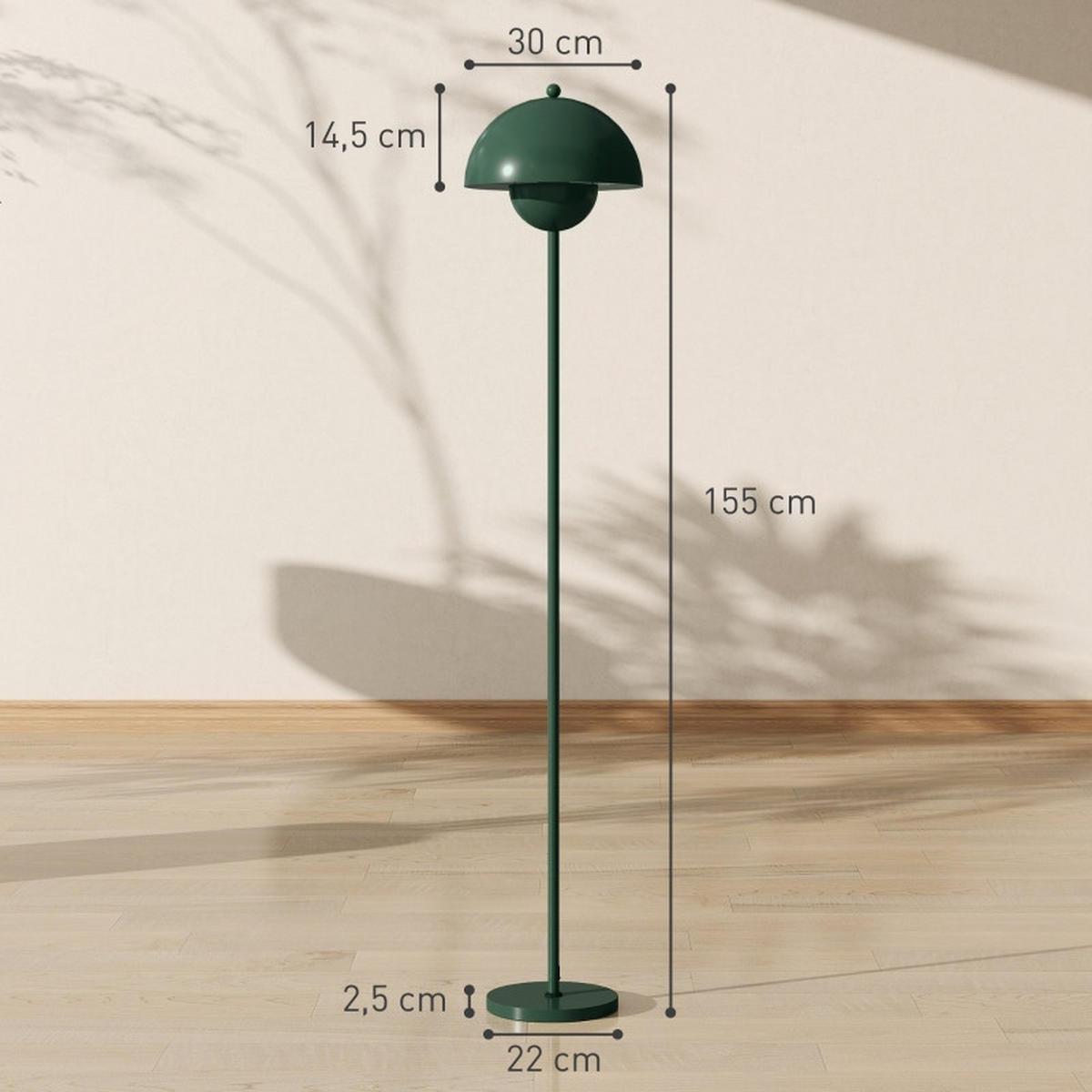 STEHLEUCHTE 30/30/155 cm Grün mit rundem Schirm, E27 Fassung - Grün, Metall (30/30/155cm) - Oxeza