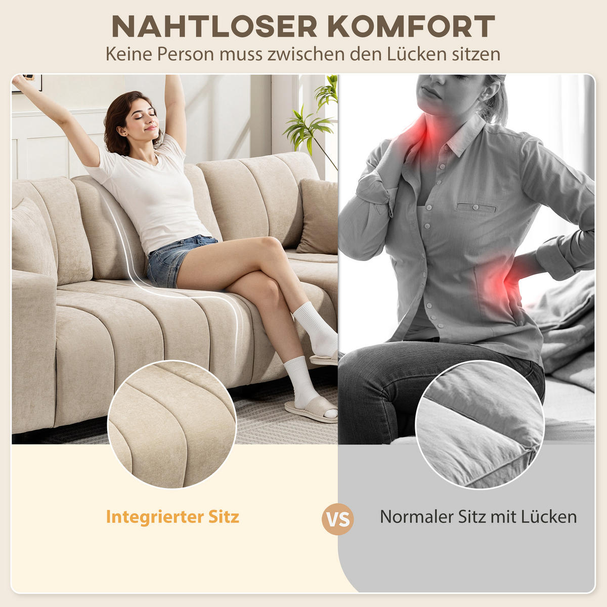 ECKSOFA, 3 Sitzer Couch in L-Form mit umkehrbarer Chaiselongue, Kissen, Beige - Beige/Schwarz, Kunststoff/Textil (156/242cm) - HOMCOM