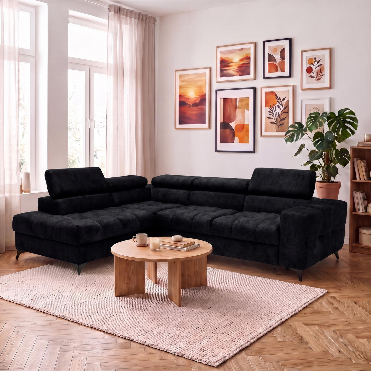 ECKSOFA PUDDING L Links mit Schlaffunktion 128x197 Velours Schwarz - Schwarz, Holz/Textil (270/204cm) - Muffo