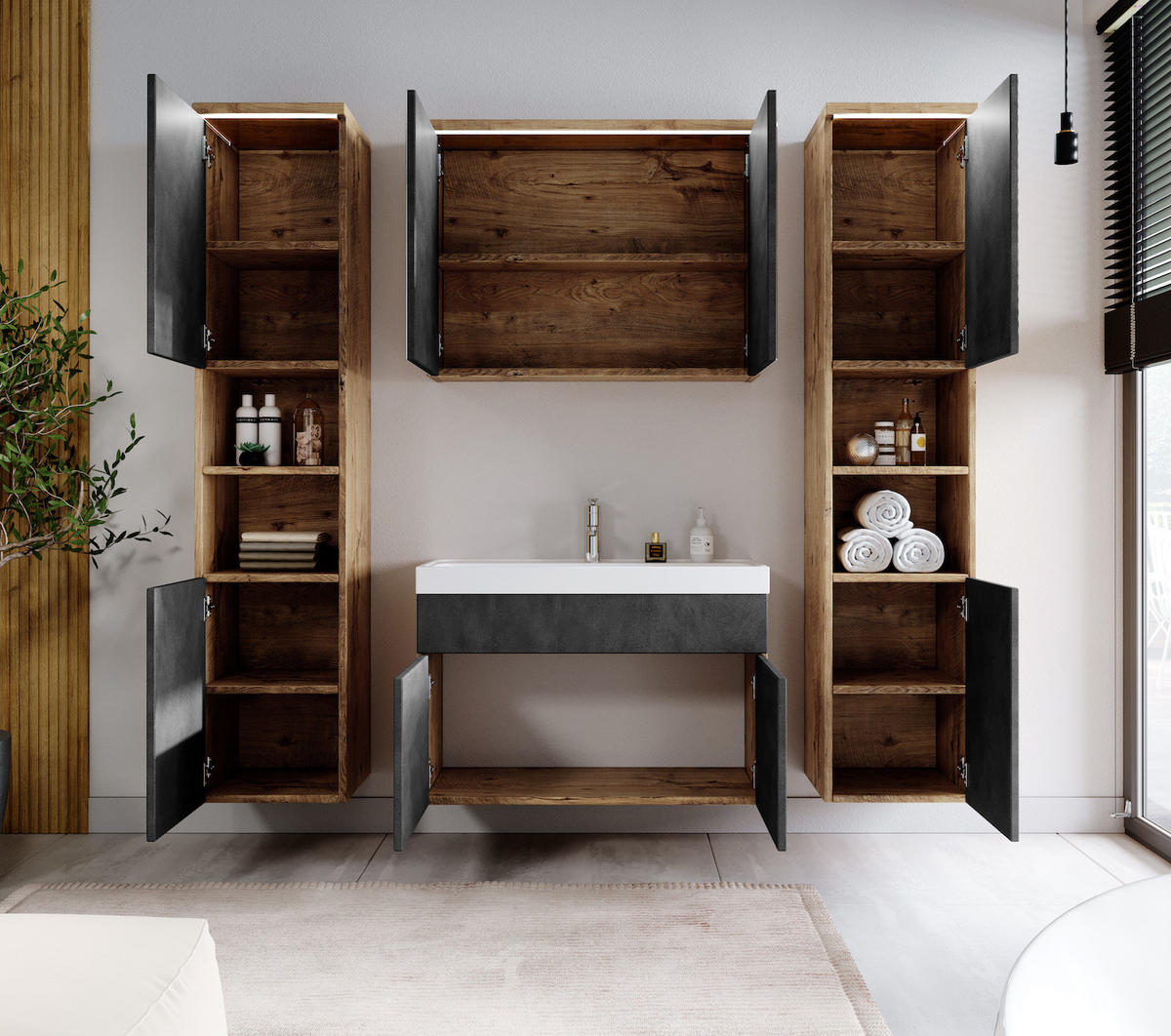BADMÖBEL-SET Paso LED 5 Teile Kastanien Eiche / Grau - 80 x 35 x 55 cm - Eichefarben/Grau, Holz (80/55/40cm) - Badplaats