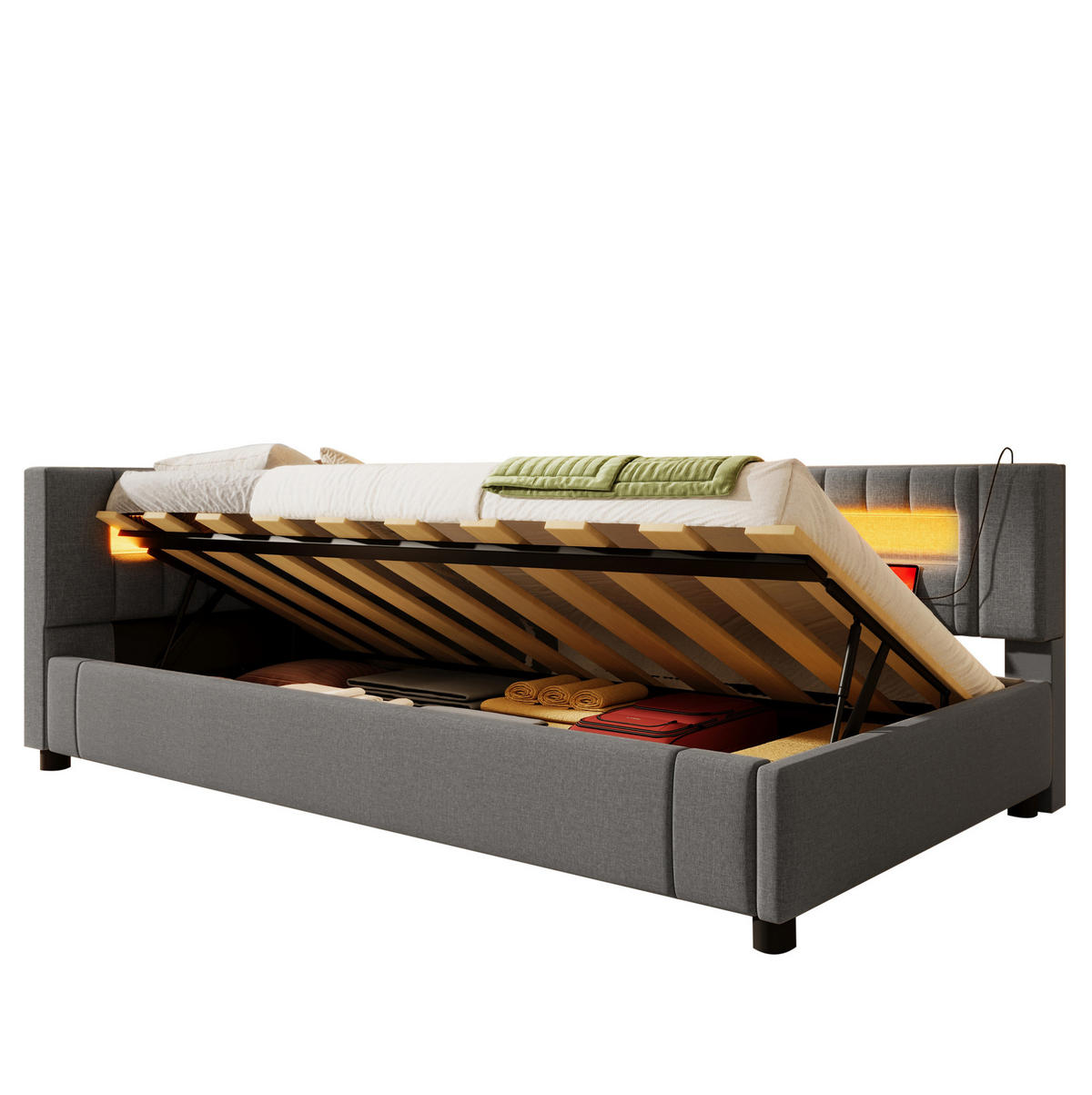 POLSTERBETT 90/200 cm Grau aus Leinen mit Stauraum, LED und USB-Anschlüssen - Grau, Textil (90/200cm) - Flora Grace