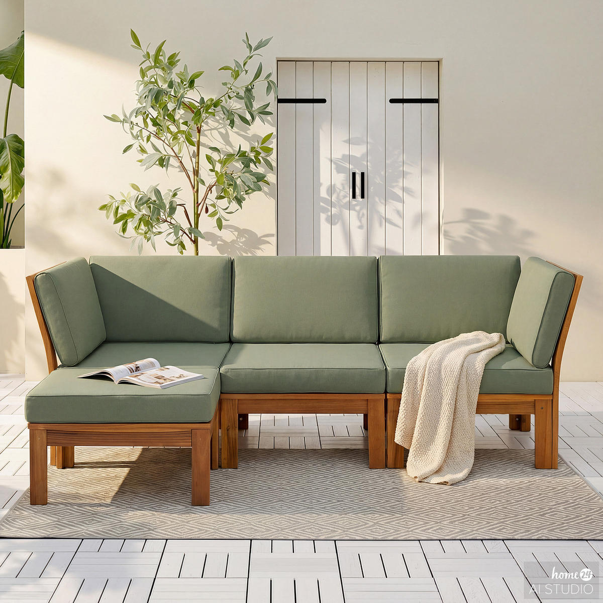 LOUNGESOFA - 4-teilig - Webstoff / Akazie massiv - Olivgrün, Holz/Textil - home24