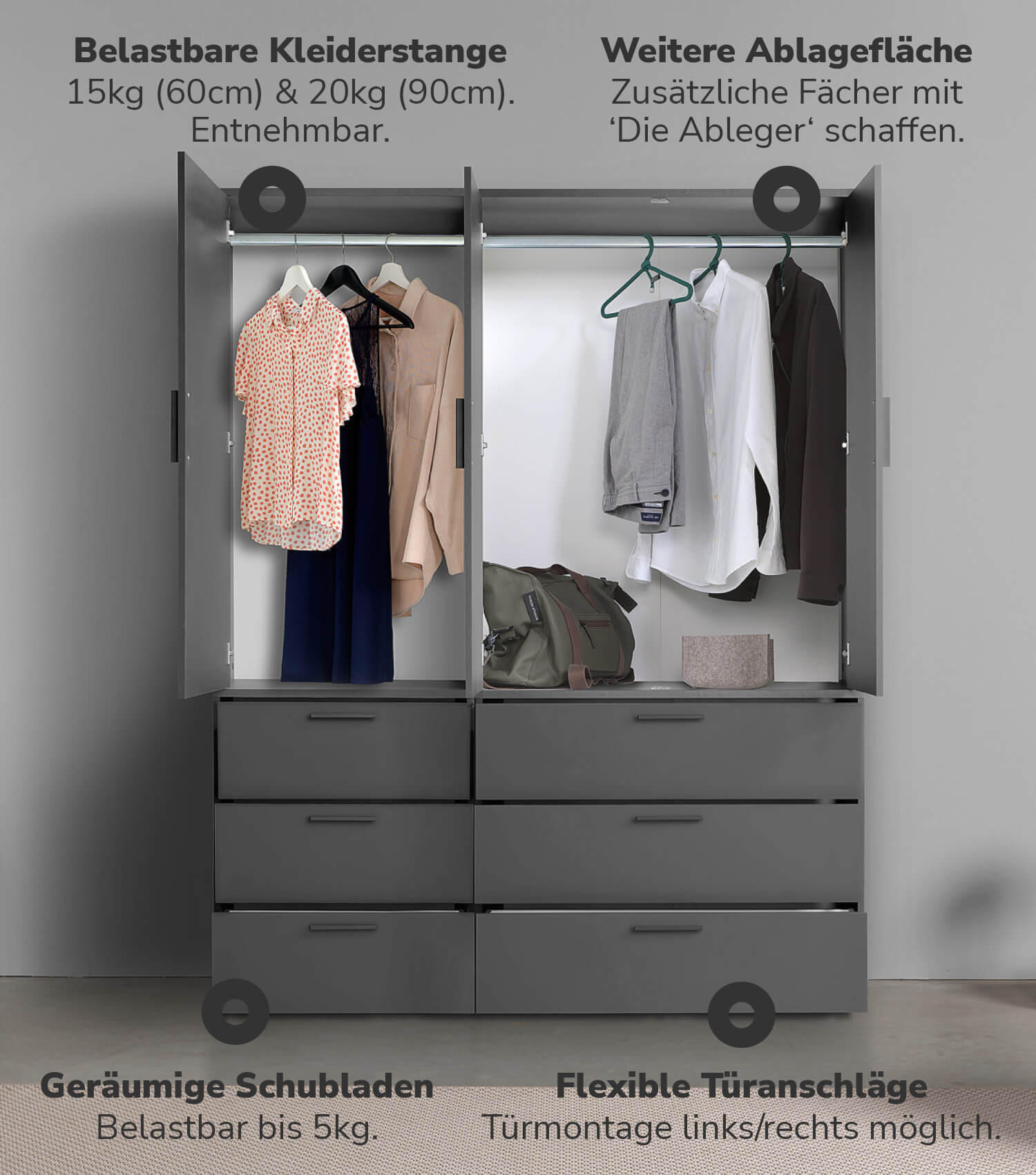 KLEIDERSCHRANK mit Spiegel Der Grenzenlose - Anthrazit, Holzwerkstoff (150/187/58cm) - Mokebo