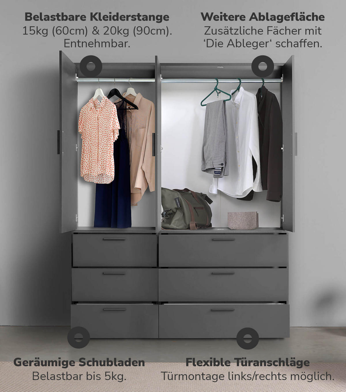 KLEIDERSCHRANK Der Grenzenlose - Anthrazit, Holzwerkstoff (150/187/58cm) - Mokebo